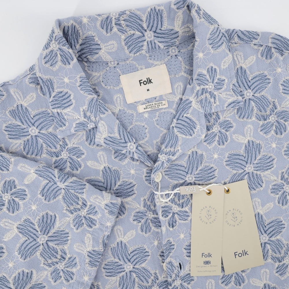 NEW‎ Folk Linen Blend Malco Floral Shirt Blue Short Sleeve Mens Medium